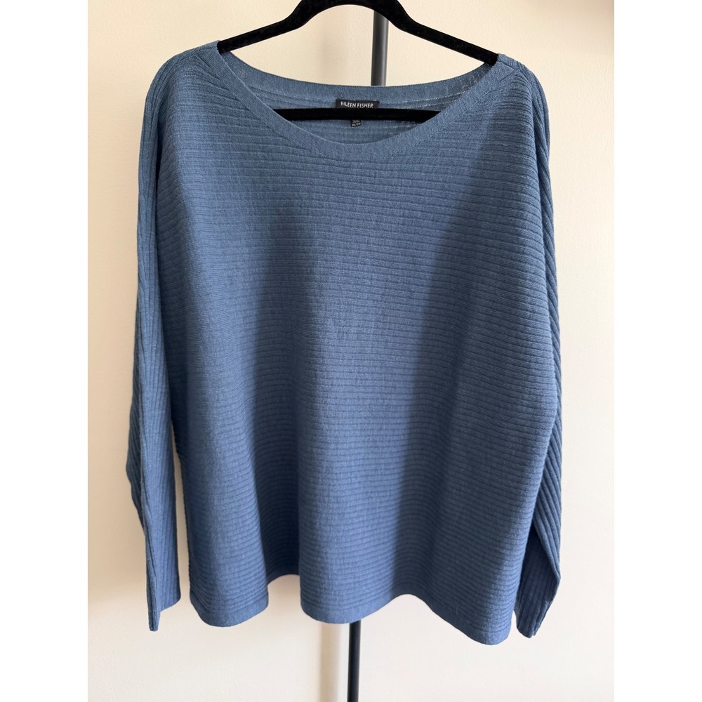 Eileen Fisher Blue 100% Italian Wool Ribbed Boat Neck Sweater XL F17RCK